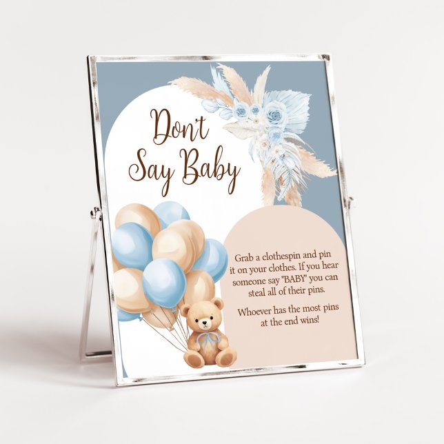 Blue Boho Bear Balloon Baby Dusche Say Baby nicht Poster (Boy Bear Arch Balloon Baby Shower Don't Say Baby Sign)
