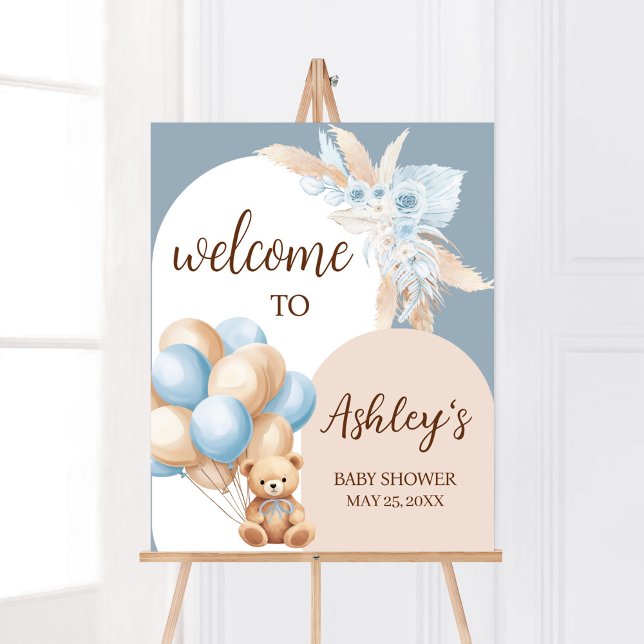 Blue Boho Bear Balloon Baby Dusche Willkommen Poster (Boy Bear Arch Balloon Baby Shower Welcome Sign)