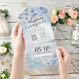Blue Boho Blume Feather Rustic Wood Wedding RSVP All In One Einladung