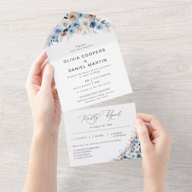 Blue Boho Blumenhochzeit in einer Einladung (Abreißen)