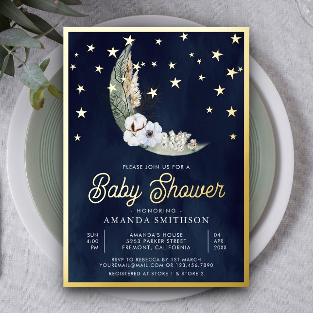 Blue Boho Blumenmoon Stars Baby Dusche Gold Folieneinladung (Von Creator hochgeladen)