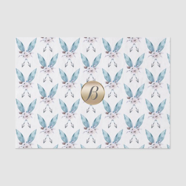 Blue Boho Bohemisch Feather Monogram Personalisier Seidenpapier (Vorderseite)