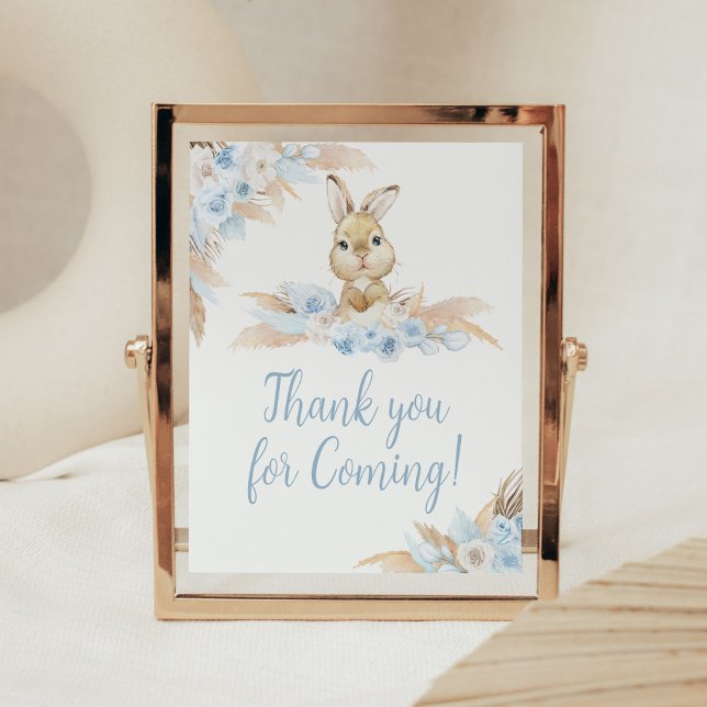 Blue Boho Bunny Baby Shower Vielen Dank für Ihr Ko Poster (Pampas Grass Boy Bunny Baby Shower Thank you for Coming Sign)