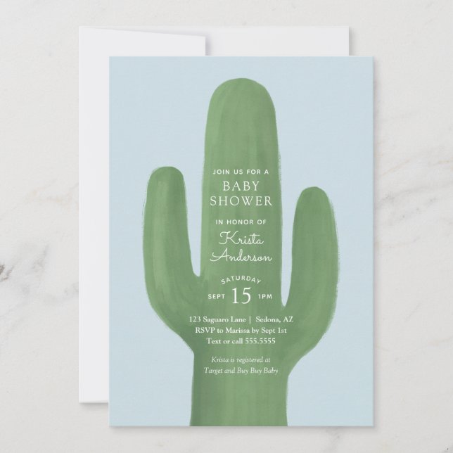 Blue Boho Cactus Boy Baby Shower Einladung (Vorderseite)