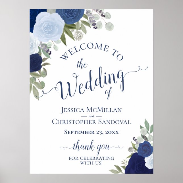 Blue Boho Chic Watercolor Rose Hochzeit Willkommen Poster (Vorne)