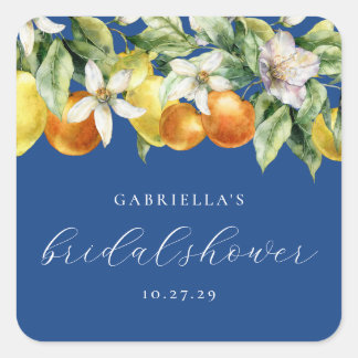 Blue Boho Citrus Lemon Orange Brautparty Quadratischer Aufkleber