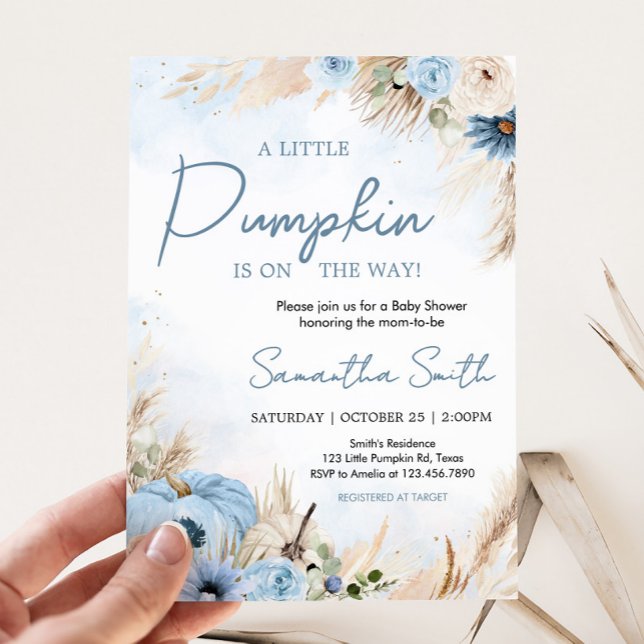 Blue Boho Fall Pumpkin Baby Dusche Einladung (Blue Boho Autumn Fall Pumpkin Pampas Grass Baby Shower Invitation)