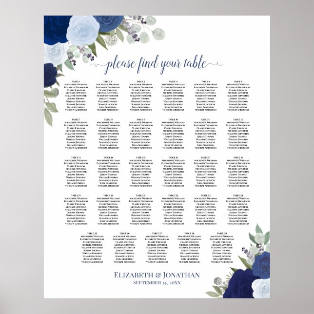 Blue Boho Floral 29 Table Wedding Seating Chart Poster (Vorne)