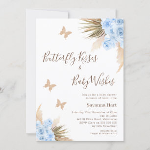 Blue Boho Floral Butterfly Kisses Baby Dusche Einladung