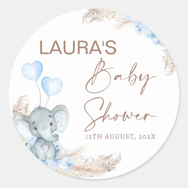 Blue Boho Floral Elephant Baby Dusche Runder Aufkleber (Vorderseite)