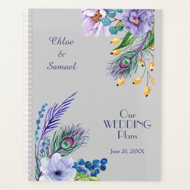 Blue Boho Floral Feather Wedding Planer (Vorderseite)