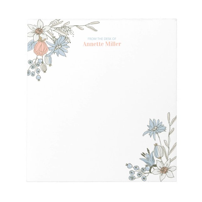 Blue Boho Floral Personal Stationery Notepad Notizblock (Vorderseite)