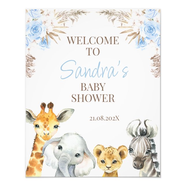 Blue Boho Floral Safari Baby Dusche Begrüßungszeic Fotodruck (Vorne)
