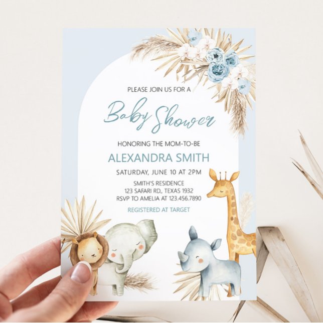 Blue Boho Floral Safari Baby Dusche Einladung (Boy Safari Animals Boho Baby Shower Invitation)