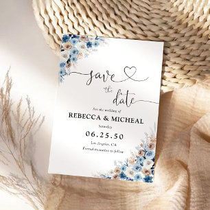 Blue Boho Floral Save the Date Card