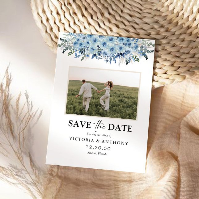 Blue Boho Floral Save the Date mit Foto (Von Creator hochgeladen)