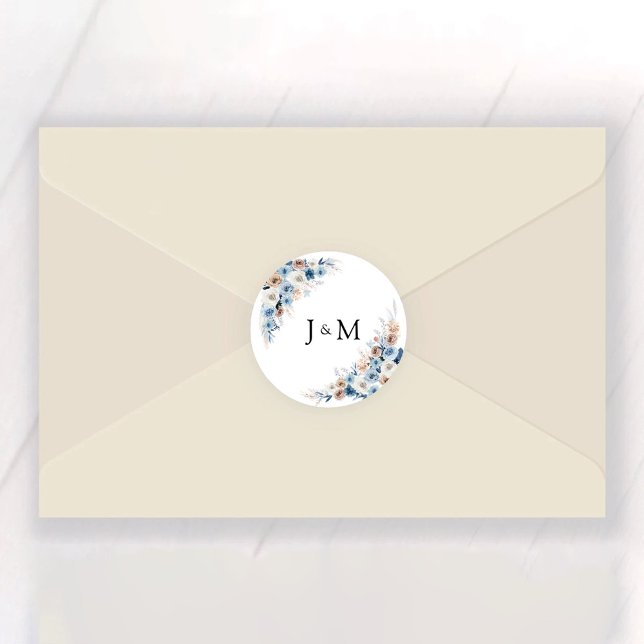 Blue Boho Floral Wedding Classic Round Sticker (Von Creator hochgeladen)