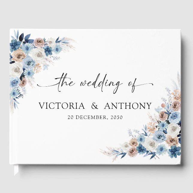 Blue Boho Floral Wedding Guest Book Gästebuch (Vorderseite)