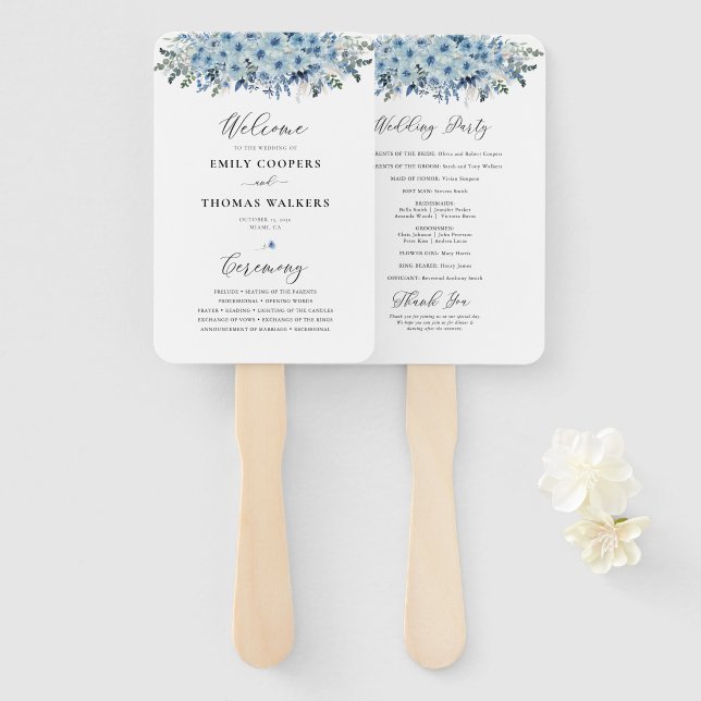Blue Boho Floral Wedding Program Fächer (Vorne und Hinten)