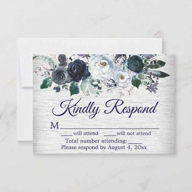 Blue Boho Floral Wedding Response Card Dankeskarte (Vorderseite)