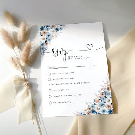 Blue Boho Floral Wedding RSVP Card
