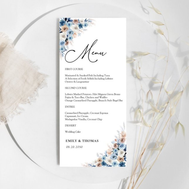 Blue Boho Floral Wedding Zeremony Menu Menükarte (Von Creator hochgeladen)
