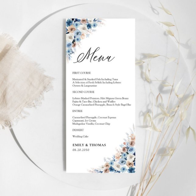 Blue Boho Floral Wedding Zeremony Menu Menükarte (Von Creator hochgeladen)