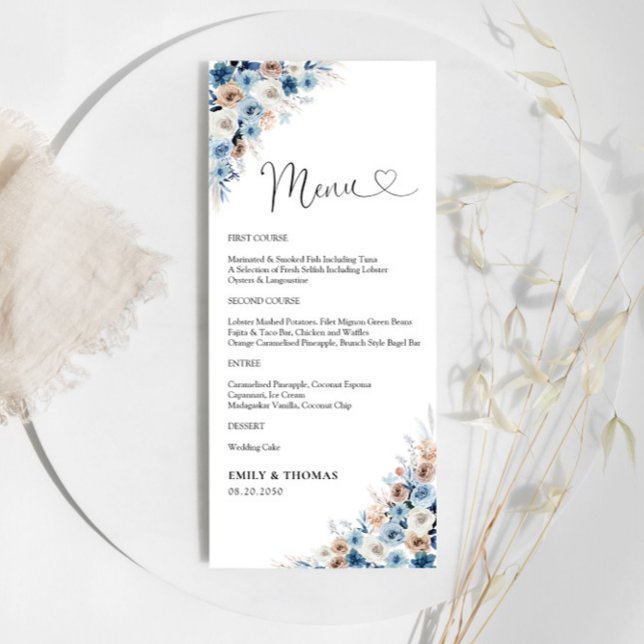 Blue Boho Floral Wedding Zeremony Menu Menükarte (Von Creator hochgeladen)