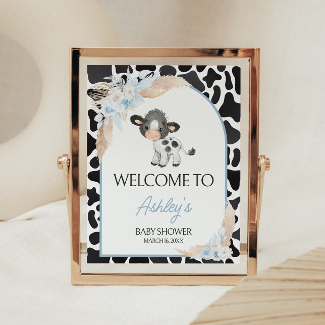 Blue Boho Highland Cow Baby Dusche Willkommen Poster (Bohemian Floral Farm Baby Shower Welcome Sign)