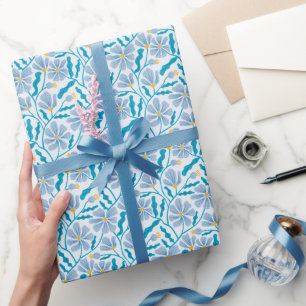 Blue Boho Mitte Jahrhundert Modernes Blumenmuster Geschenkpapier
