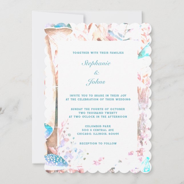 Blue Boho Mushroom Art Woodland Wedding 2024 Einladung (Vorderseite)