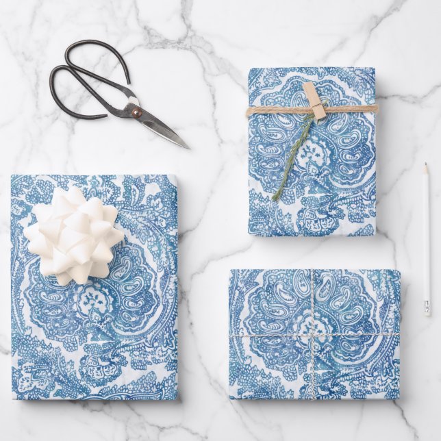 Blue Boho Paisley Pattern Geschenkpapier Set (Vorderseite)