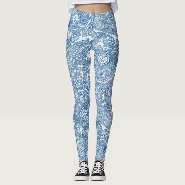 Blue Boho Paisley Pattern Leggings (Vorderseite)