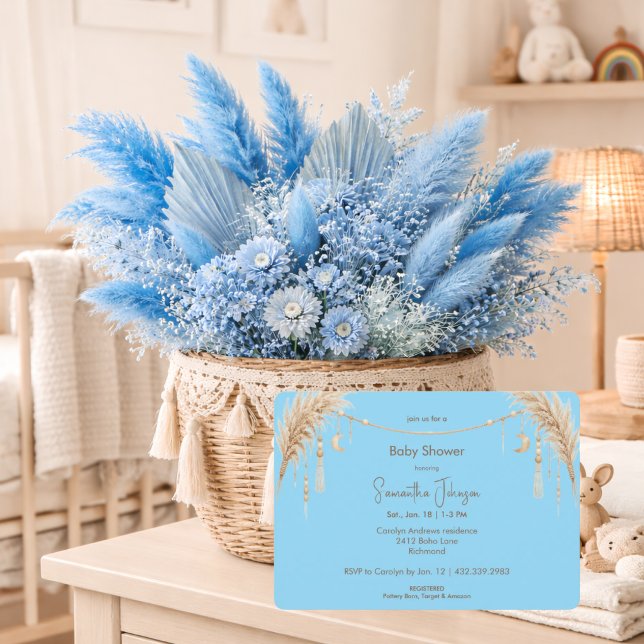 Blue Boho Pampas Baby Shower Einladung (Von Creator hochgeladen)