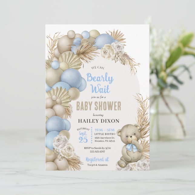 Blue Boho Pampas Grass Teddy Bear Baby Dusche Einladung (Stehend Vorderseite)