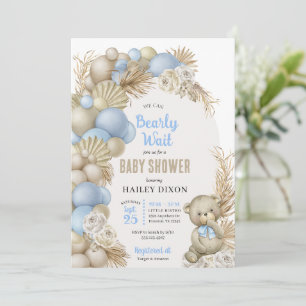 Blue Boho Pampas Grass Teddy Bear Baby Dusche Einladung