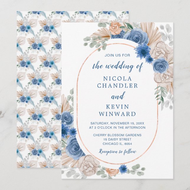 Blue Boho Pampas Grass Wedding Einladung (Vorne/Hinten)