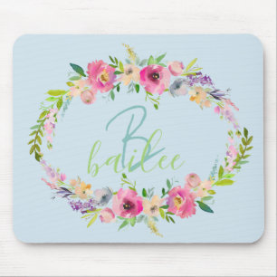 Blue Boho Pastell Floral Name Script Monogram Mousepad