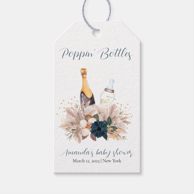 Blue Boho Poppin Champagner Flaschen Babydusche Geschenkanhänger (Vorderseite)