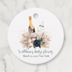 Blue Boho Poppin Champagner Flaschen Babydusche Geschenkanhänger