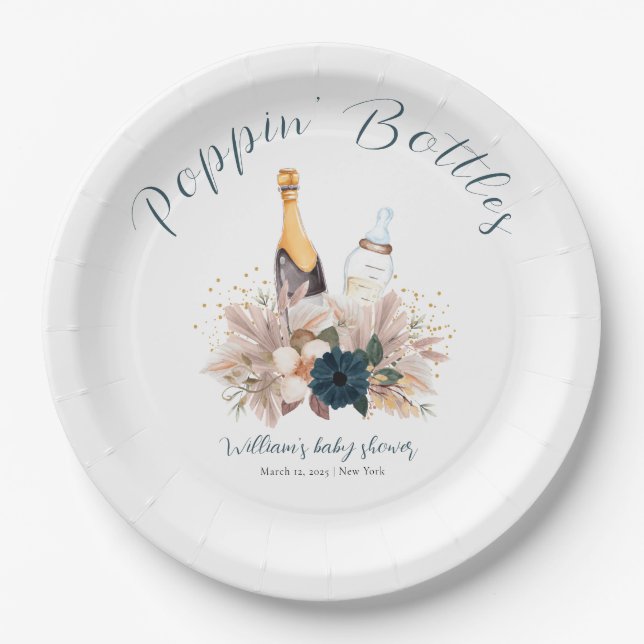 Blue Boho Poppin Champagner Flaschen Babydusche Pappteller (Vorderseite)