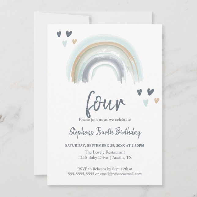 Blue Boho Rainbow 4. Geburtstags-Party Einladung (Vorderseite)