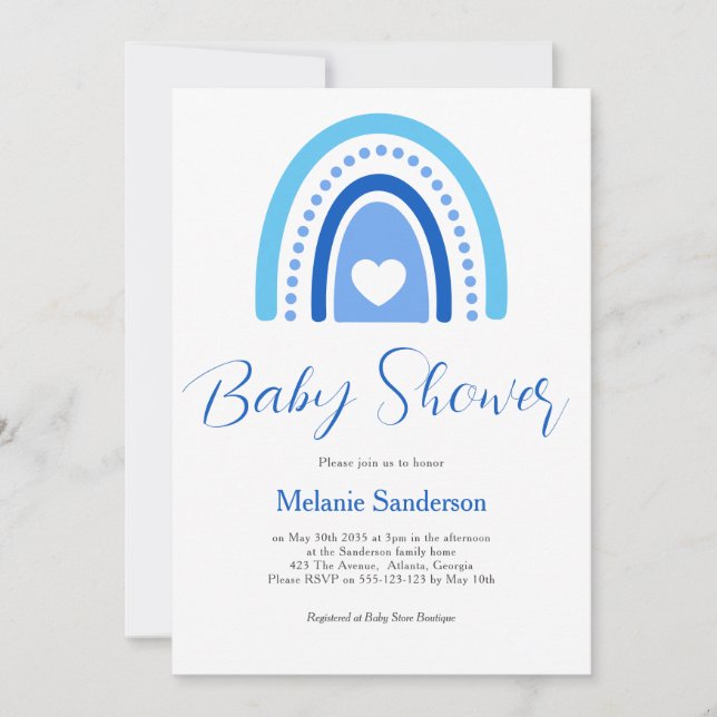 Blue Boho Rainbow Baby Dusche Einladung (Vorderseite)