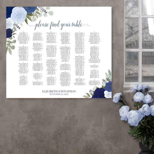 Blue Boho Rose Alphabetische Hochzeitssattelkarte Poster (In Situ on Wall)