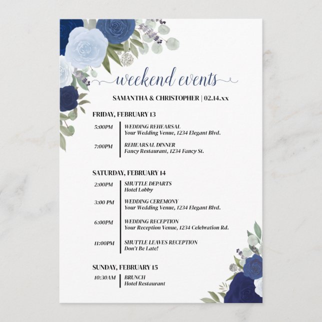 Blue Boho Roses Wedding Events & Timeline Programm (Vorderseite)