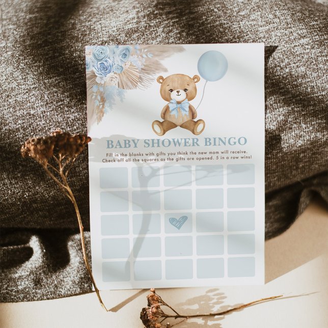 Blue Boho Teddy Bear Bingo Baby Showspielkarte Einladung (Von Creator hochgeladen)
