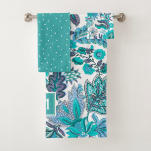 Blue Boho Vintag Floral Monogramm Badhandtuch Set