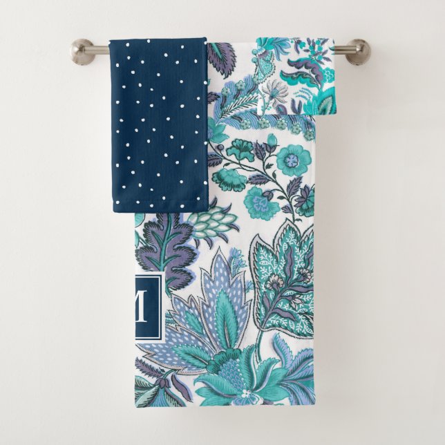Blue Boho Vintag Floral Monogramm Badhandtuch Set (Insitu)