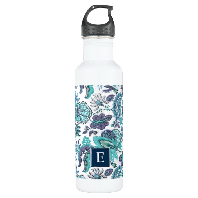 Blue Boho Vintag Floral Monogramm Edelstahlflasche (Vorderseite)