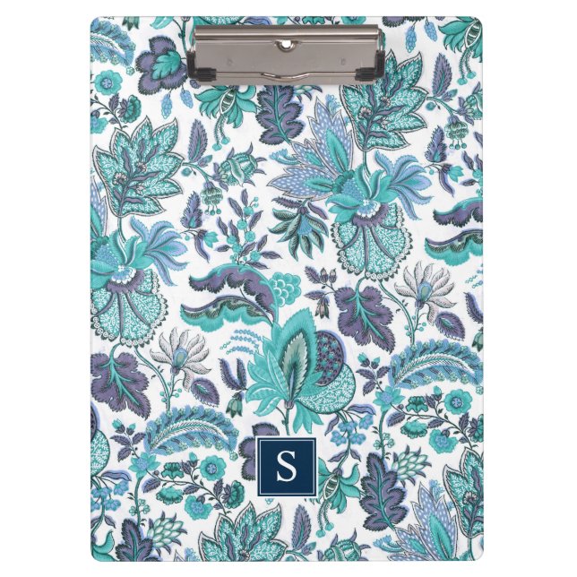 Blue Boho Vintag Floral Monogramm Klemmbrett (Vorderseite)